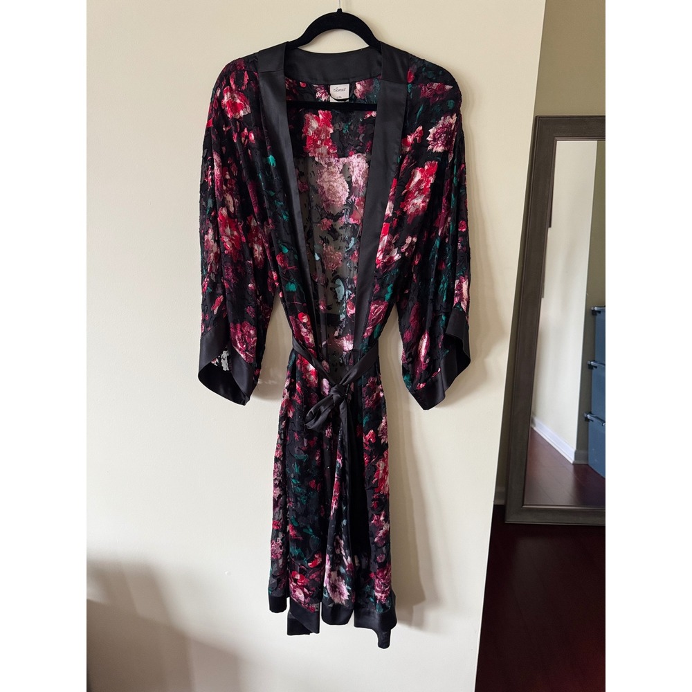 Soma Floral Burnout Silk Blend Robe Black Pink L/XL Kimono Wrap Loungewear